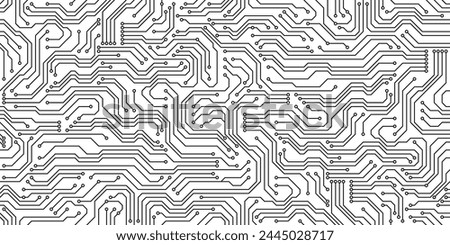 Circuit board seamless pattern, computer motherboard background. Vector technology motif with chips, pathways, electronic components and soldered connections. Interconnected monochrome tile design