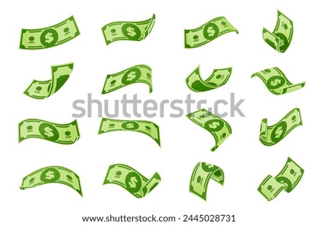 Flying cartoon banknotes, dollar cash money bills, falling and swirling green banknotes of usd currency. Vector money rain and banknote shower, business success, lottery and casino game prize concept