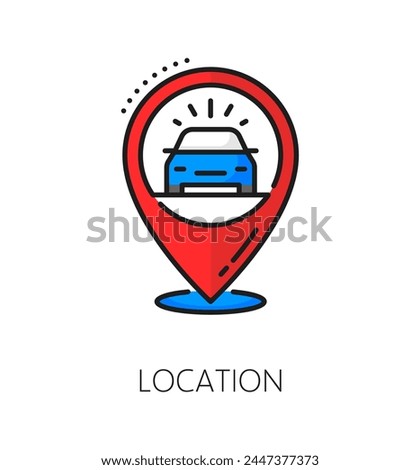 Car company, auto dealer, dealership linear icon. Auto dealer, vehicle service or car lease salon linear vector icon. Automobile dealership center thin line symbol with navigation location pin