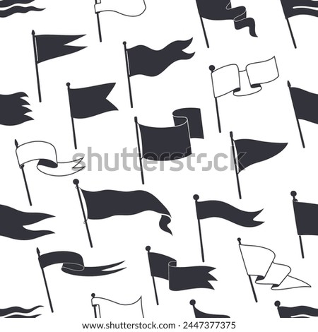 Retro pennants, white and black flags seamless pattern, vector background. Flags or blank banners, triangle and square wavy pennants on flagpole sticks, retro flags on poles in pattern for background