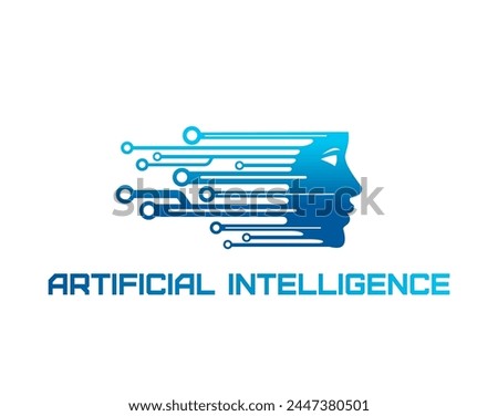 AI artificial intelligence icon, data technology. Isolated vector emblem with stylized human or robot head profile with nodes or circuits, symbolizing neural networks and machine learning algorithms