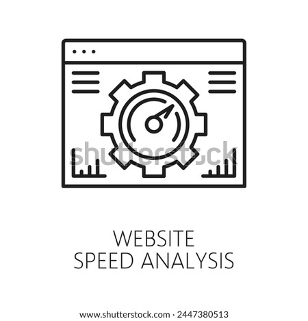 Website speed analytics, web audit line icon for digital media content data search, vector symbol. Technical web audit pictogram of website gauge for SEO efficiency and web optimization management
