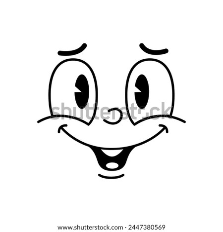 Cartoon funny comic groovy face smile emotion, retro cute emoji character radiates joy with its wide grin and fascinated eyes, exuding a laid-back and upbeat vibe, expressing happiness and positivity