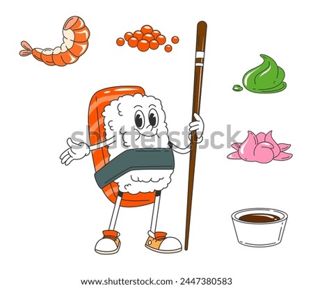 Retro cartoon groovy japanese sushi character. Isolated vector cheerful japan food hippie sushi personage with rice, fish and smile holds chopstick. Caviar, shrimp, wasabi, ginger and soy sauce around