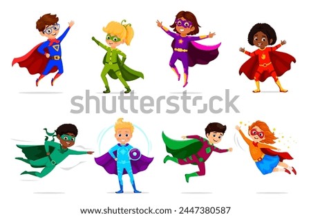 Cartoon kids superhero characters, boys and girls in super hero costumes, isolated vector. Superhero kids in mask flying on blue mantle cape with magic power, comic children superman guardians