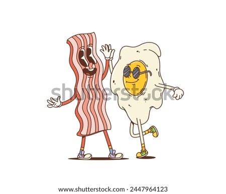 Cartoon retro bacon and egg groovy characters. Cute and funny vector food personages giving high five and rejoice together. Isolated breakfast ingredients friendship, kawaii funky friends rejoice