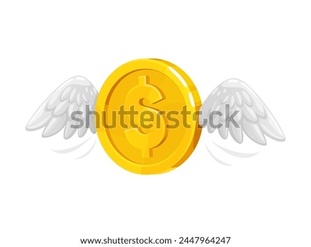 3D golden money coin with wings flying, dollar coin for casino, bill and salary, vector icon. Cartoon gold coin on bird wings for, send money or currency cash wallet, payment or lost money flying away