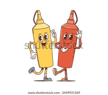 Cartoon retro mustard and ketchup bottles groovy characters. Isolated vector funky personages duo, add flavor and flair to nostalgic condiment adventure. Funny vintage hippie mustard and tomato sauce