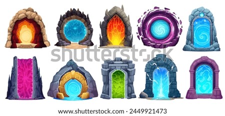 Fantasy game cartoon magic portal door set. Vector enchanting doorways transport adventurers to mystical realms, their intricate runes and shimmering surfaces concealing gateways to fantastical worlds