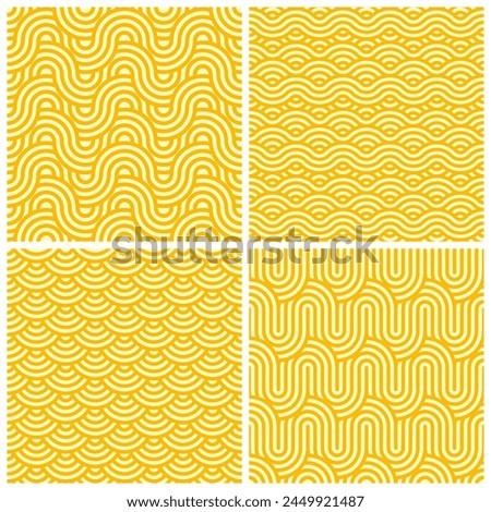 Yellow ramen noodle pattern backgrounds set. Vector seamless tiles featuring intertwined macaroni, pasta, soba or spaghetti strands. Repeated ornaments, forming an appetizing texture and wave shapes