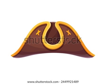 Pirate and corsair captain tricorn hat. Cartoon carnival costume hat. Isolated vector filibuster cocked cap with curved brim. Party headwear accentuating the rover swashbuckling charm on the high seas