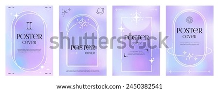 Modern aesthetic purple gradient Y2K posters and abstract backgrounds, vector cover templates. Pastel or neon purple color gradient posters with Y2K aesthetic geometric and simple minimal frames