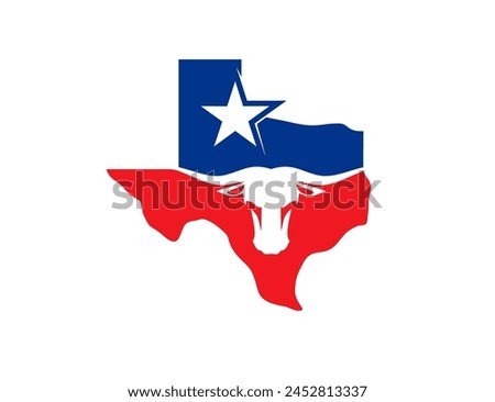 Texas longhorn state with map, flag and American star symbol, vector icon. Texas map and longhorn bull head sign of USA company or American corporation, oil and petrol industry or Texas quality badge