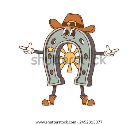 Cartoon retro horseshoe Wild West groovy character. Old american Western sheriff horseshoe vector personage with vintage cowboy hat and boots, golden star and sun. Groovy funky Western marshal emoji