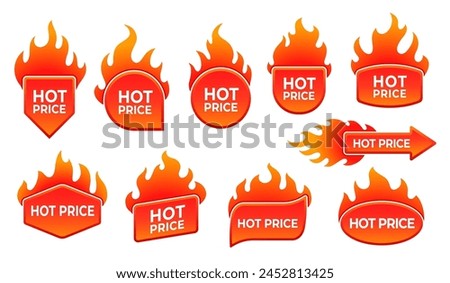 Hot price deal labels promotion offer emblems with fire flames. Isolated vector badges or icons with red burning blaze tongues. Special offer promo tags for discounted items, retail or clearance sales