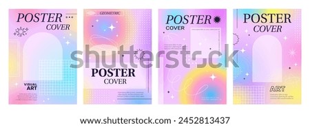 Aesthetic modern Y2K gradient poster covers with frames and backgrounds, vector templates. Pastel or neon rainbow color gradient posters with Y2K aesthetic geometric and simple minimal line frames