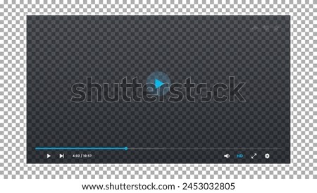 Video player transparent interface. Video screen app layout, web stream player vector UI or live audio control panel overlay. Online media streaming display transparent interface