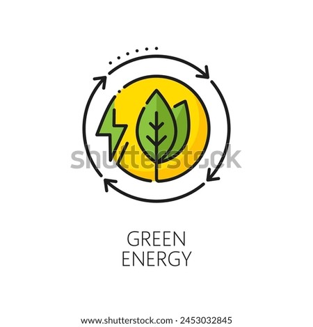 Green eco energy, clean power outline icon. Renewable green energy source, clean electricity generation power station linear vector icon or color pictogram with lightning green bolt and leaves