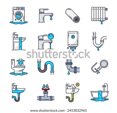 Color plumbing service icons. Toilet, clogged pipe, drain, bathroom and shower problems. Sewage cleaning, plumbing service or pipe unclog line vector icon with washing machine, toilet, bath and faucet