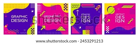 Memphis abstract geometric banners. Modern square templates, feature vibrant colors, simple shapes and bold patterns in retro-modern style of 1980s design movement. Vector playful cards or media posts