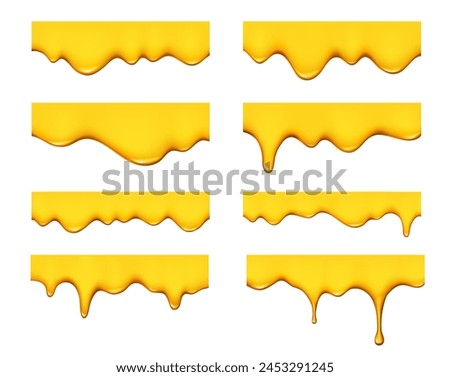 Sweet yellow honey drip and melt. Isolated realistic 3d vector borders set with oil or liquid syrup drips and flows. Drops of pure yellow honey or sauce, melted caramel, dessert or lubricant smudges