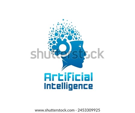 Ai artificial intelligence icon, computer brain, machine learning. Data technology isolated vector emblem with human or robot head profile and brain dots, symbolizing neural networks algorithms