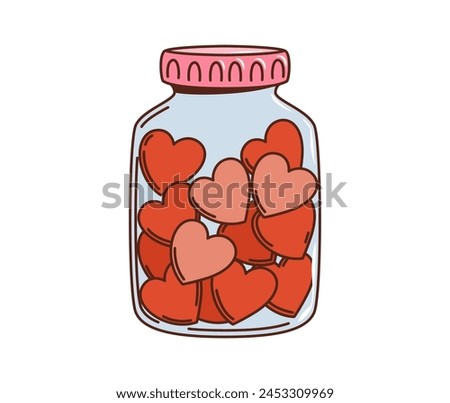 Cartoon retro groovy hippie jar with love hearts, vector icon for Valentine or wedding. 70s hippie and groovy cartoon funky art of hearts in glass jar for love sticker and hipster t-shirt print