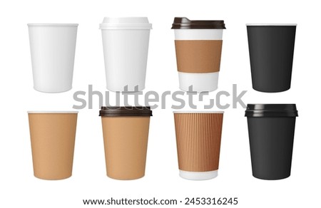 Realistic coffee paper cup and mug mockups, cardboard and plastic package with lids, isolated vector. Disposable coffee cups and mugs for hot drinks and sip lids from white, brown and black paper