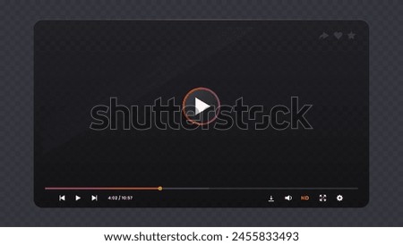 Dark glossy transparent video player interface. Live audio control panel UI, video display vector overlay or web stream player app layout. Online media screen transparent interface