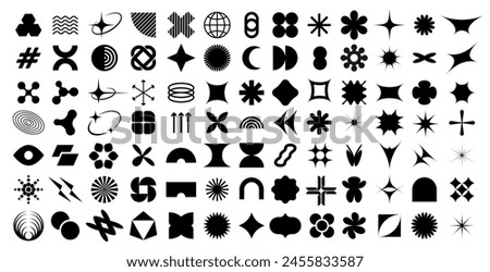 Brutalism geometric figures and futuristic Y2K abstract shapes, vector icons. Abstract and simple primitive shape elements of star, sun or triangle and cubes with wave and spiral for Brutalism pattern