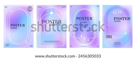 Aesthetic blur purple gradient Y2K posters, modern backgrounds for covers, vector templates. Pastel or neon glow blur color gradient posters with line frames in Y2K aesthetic geometric minimal design