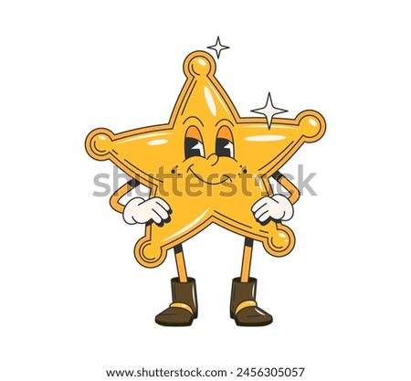 Cartoon retro groovy wild west sheriff star character gleam with confident swagger ready to uphold justice in the Western frontier. Isolated vector golden sheriff star badge personage with arms akimbo