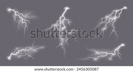 Lightning effect. Thunderstorm electric spark, flash strike, thunder bolt effect. Set of realistic 3d zippers, storm or shock, natural powerful light charges. Abstract electricity and explosion glow