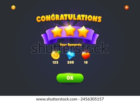 Game reward screen with bonuses and assets achieved summary, vector UI or GUI element. Game level completed congratulations and achievement rewards of life heart, and gold coins for interface screen