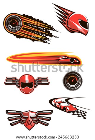 Race and motorsport symbols in red and orange colors with helmet and speedometers in fire flames, racing cars on a checkered roads, motocross helmet and shield on handlebars