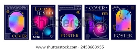 Aesthetic gradient Y2K posters and modern abstract backgrounds, vector cover templates. Neon glow color gradient posters with Y2K aesthetic geometric and simple minimal line frames on background