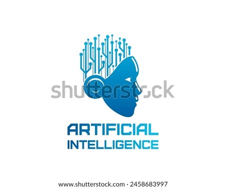 Ai artificial intelligence icon, machine learning. Data technology isolated vector emblem with human or robot head profile with brain contains nodes or circuits, symbolizing neural networks algorithms