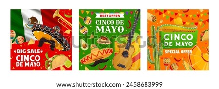 Big sale special offer banners, Cinco de mayo Mexican holiday promo. Vector square promotional cards or social media posts with jalapeno pepper, national flag and food, sombrero, mustaches and poncho