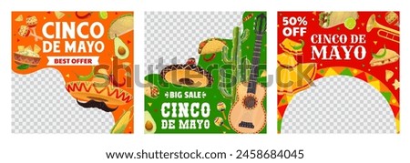 Sale offer banners, Cinco de mayo Mexican holiday big and special sale, social media post templates. Vector square Mexico frames with traditional dress, sombrero, guitar, peppers and tex mex food