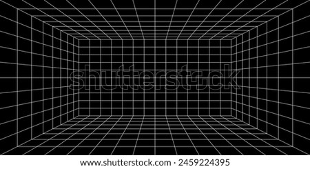 3d grid space. Empty futuristic digital box room, black abstract background with white grid space lines perspective view. Network cyber technology, sci-fi, wireframe. Cyberpunk and vaporwave