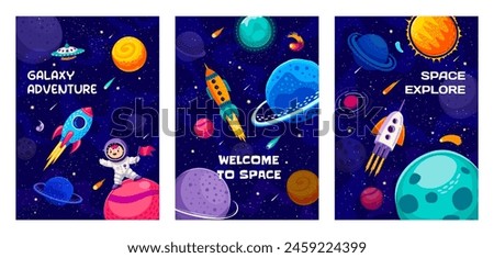 Galaxy space posters with kid astronaut, rocket spaceship and planets, cartoon vector. Kid spaceman with flag on galaxy planet with alien UFO, asteroids and rockets in starry galactic sky background