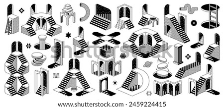 Psychedelic trippy y2k elements and surreal vector icons of stairs and podium staircase. Psychedelic art portal, planet and arch column with abstract shapes, retro surreal illusion trippy y2k ladders