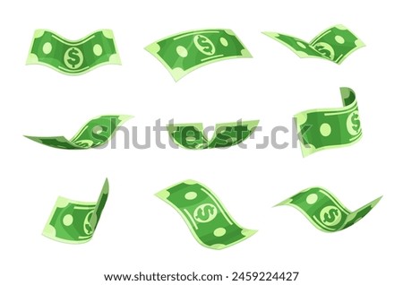 Cartoon flying money banknotes or dollar cash bills, vector paper currency. Floating green banknotes with dollar sign for casino jackpot win bonus, rich wealth and financial success or salary earning