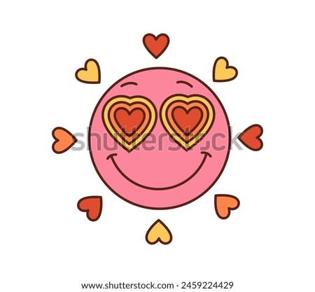 Cartoon retro groovy hippie love smile face in heart sunglasses, vector funky comic. 70s hippie art and groovy cartoon style art symbol of happy emoji smile or emoticon with heart love beams shine