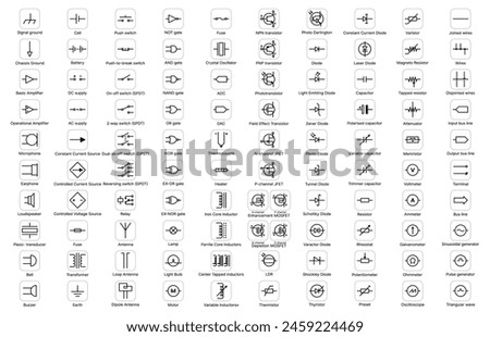Electric and electronic circuit symbols of elements and components, vector icons. Electrical circuit schematic symbols of diode and switch, connection gate or processor resistor and semiconductor sign