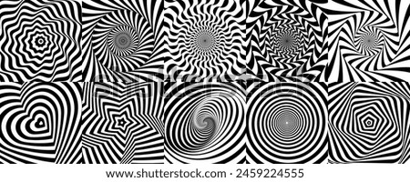 Hypnotic spiral pattern and psychedelic hypnosis swirls, vector backgrounds. Abstract optical illusion and hypnotic patterns with trippy black and white twist distortion, warp heart and star shapes