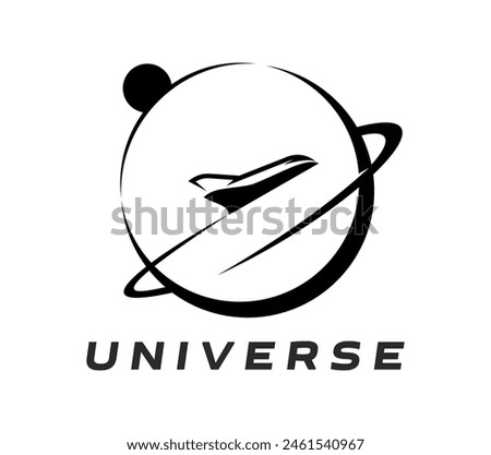 Spaceship icon of space rocket or galaxy shuttle on planet orbit for spaceflight program, vector emblem. Spaceship rocket on planet orbit sign for astronauts academy or galaxy exploration center