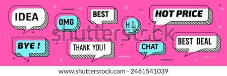 Memphis speech bubbles and message clouds with text, vector thin line frames. Message bubbles for sale hot price and best deal, OMG and Hi or Thank you and Idea speech clouds in Memphis style