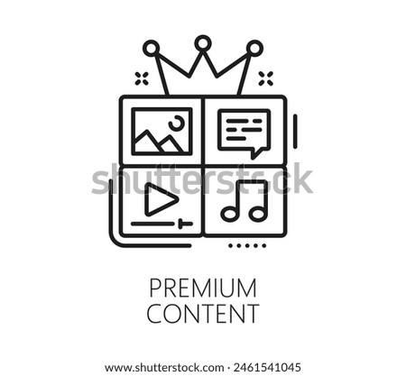 Premium content line icon, blogging, social media and multimedia vector linear sign of crowned computer screen signifies exclusive material, requiring payment or special access for users to view