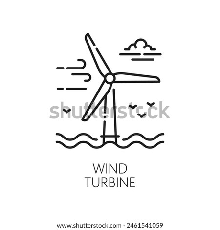 Green energy, clean and eco wind power linear icon. Alternative energy source, clean electricity production linear vector sign. Green power generation line pictogram with wind turbine on sea shelf